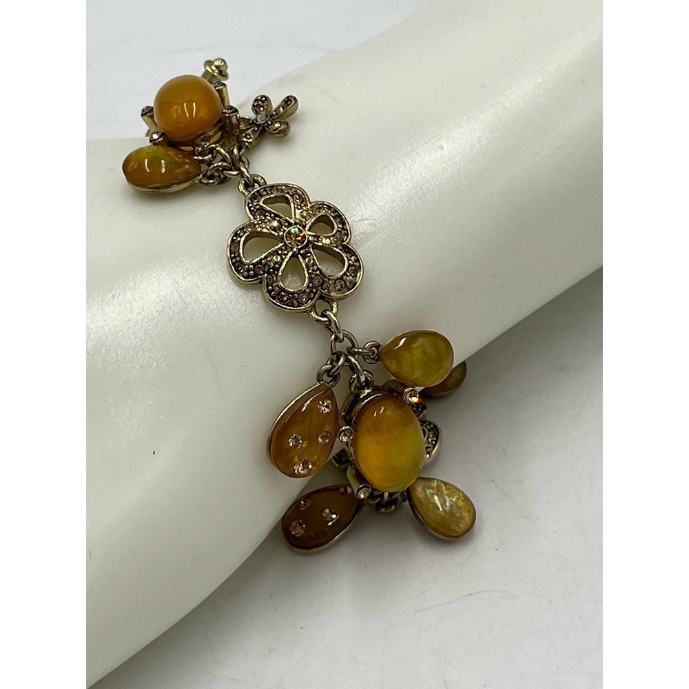 Monet Signed Yellow Cabochons &‎ Antiqued Gold Tone Dangle Pave Toggle Bracelet